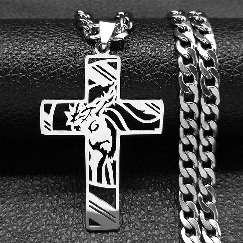 Crown of Thorns Cross Necklace – Stainless Steel Jesus Pendant