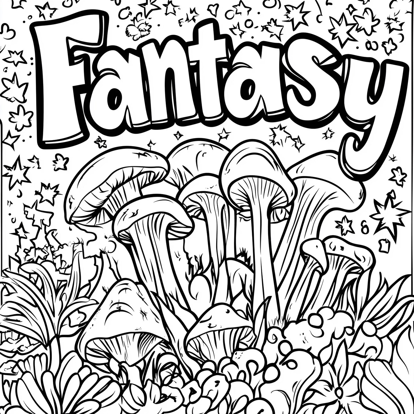 Fantasy-themed coloring page with mushrooms and the word 'Fantasy'.