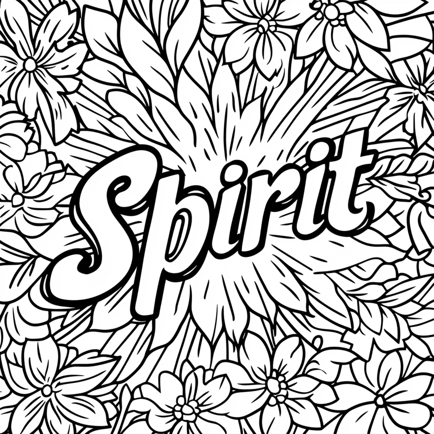 Coloring page with the word 'Spirit' surrounded by floral patterns