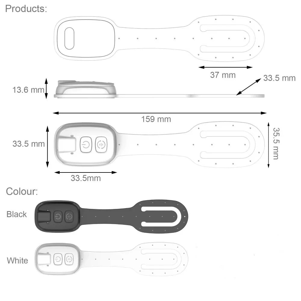 Technical diagram of a clip book lights with dimensions and color options on a white background