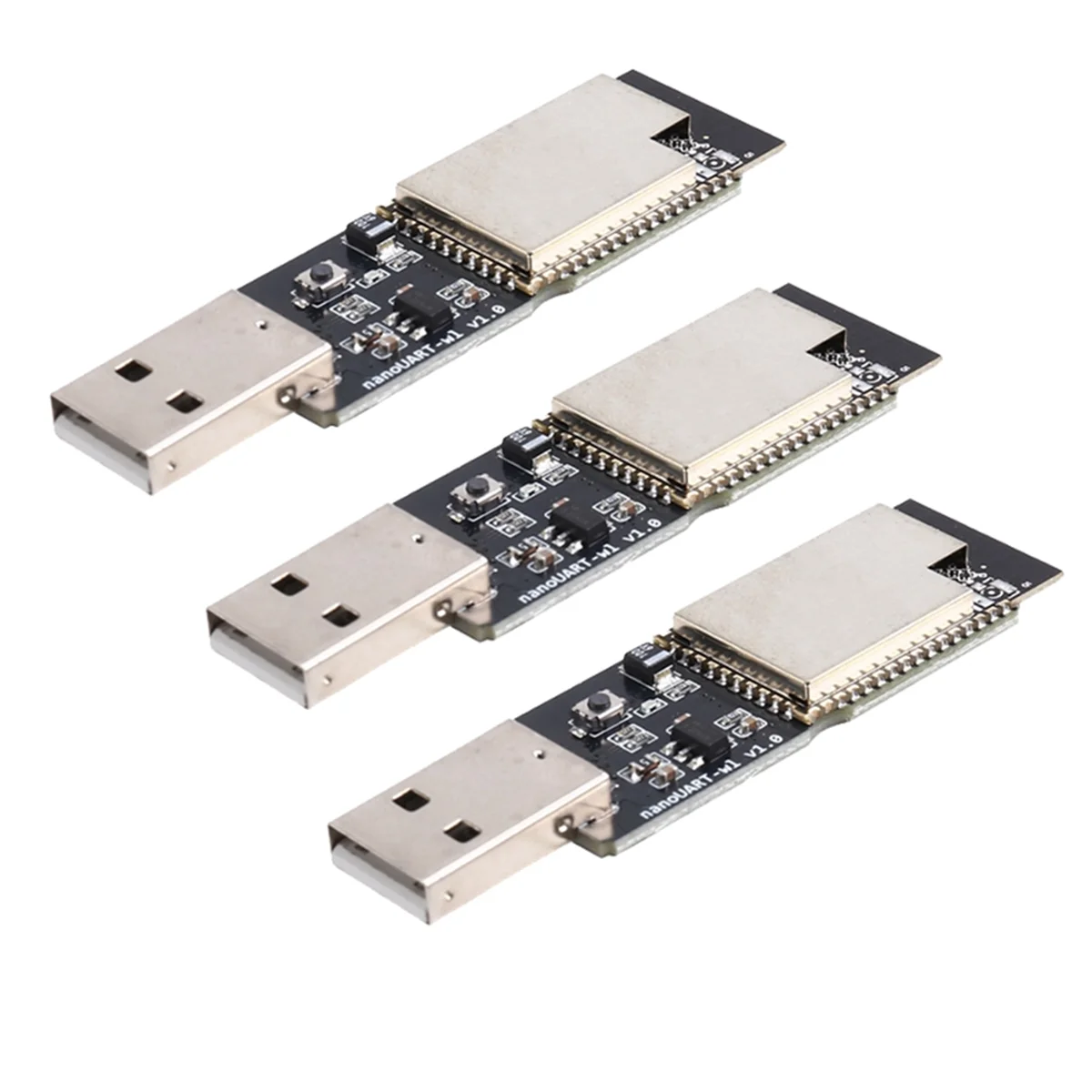 Three USB to TTL converter boards on a white background