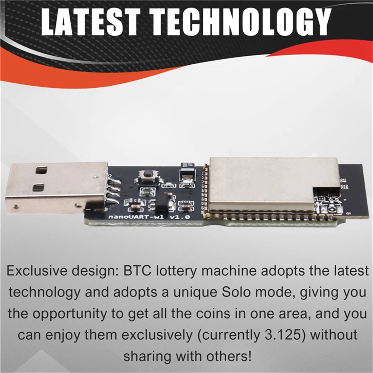 Electronic component with USB connector and text about latest technology and BTC lottery machine
