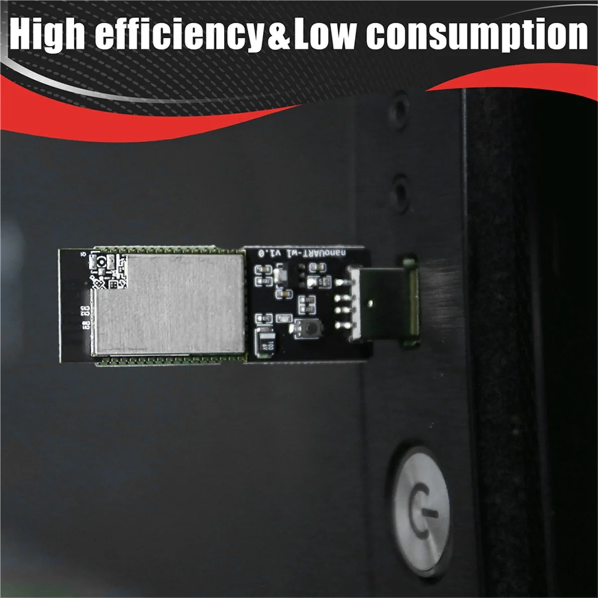Electronic module with text 'High efficiency & Low consumption' on a dark background