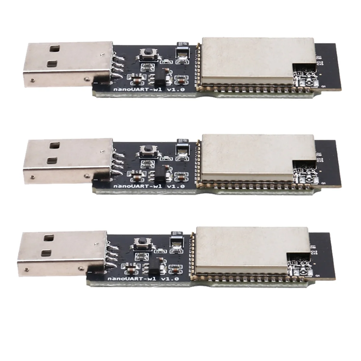 Three USB to UART adapter boards on a white background