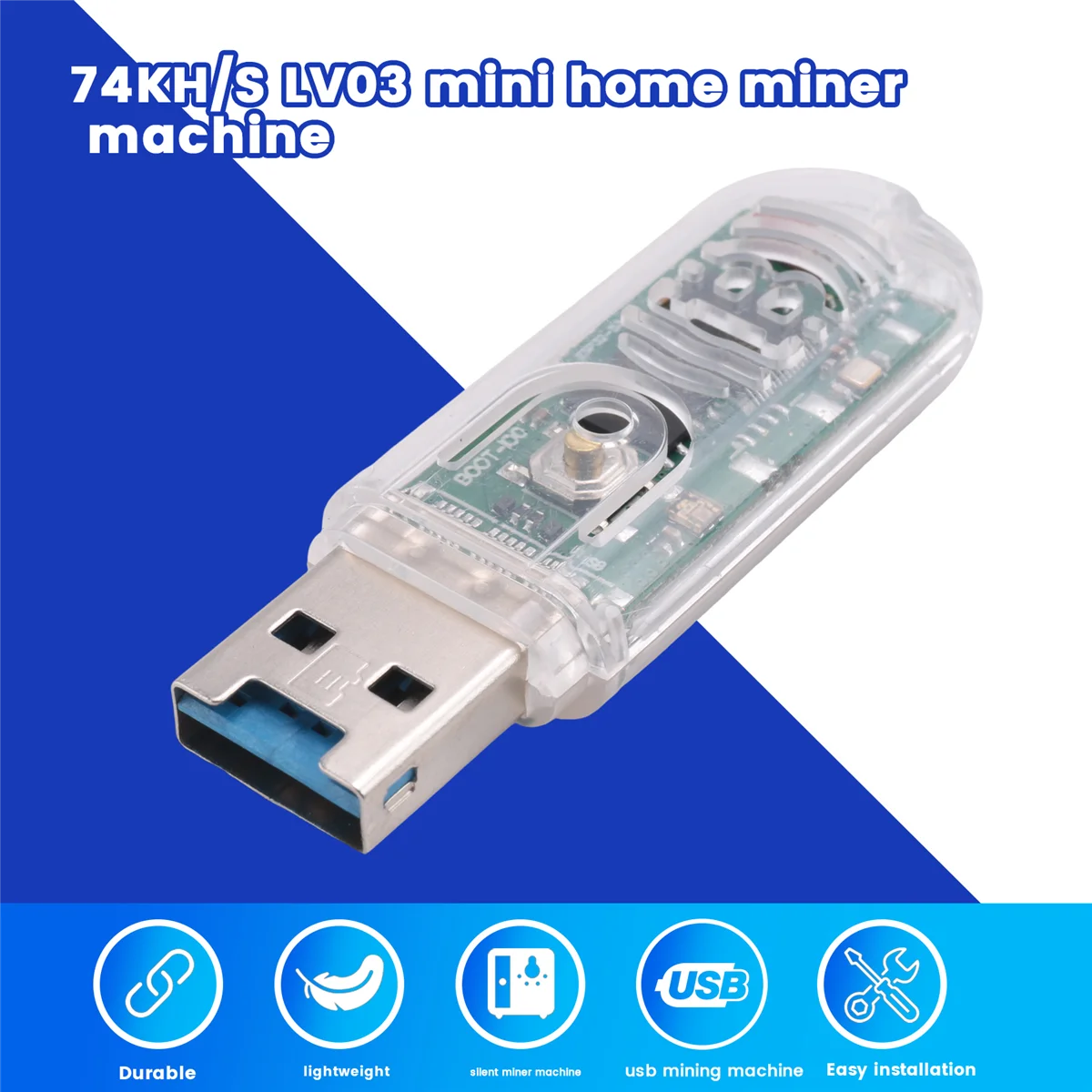 USB device with clear casing on a blue and white background, labeled as a 'mini home miner machine'.