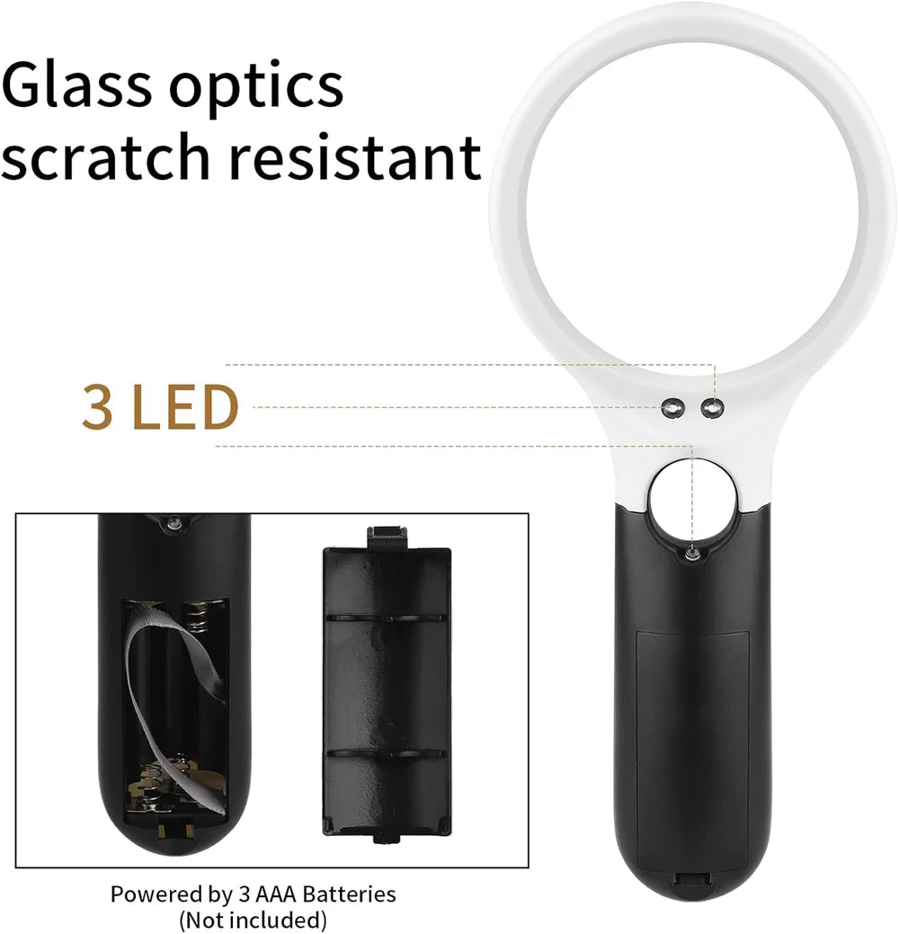 Magnifying glass with 3 LED lights and scratch-resistant glass optics on a white background.