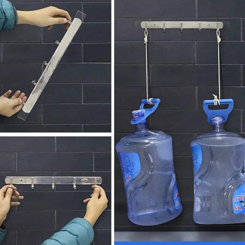 Step-by-step process of installing a wall-mounted bottle holder with two water bottles attached.