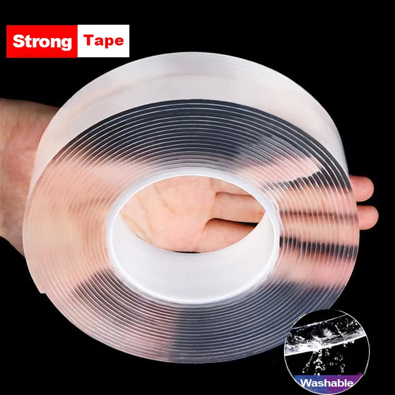 Transparent tape roll held by a hand with 'Strong Tape' branding, on a black background.