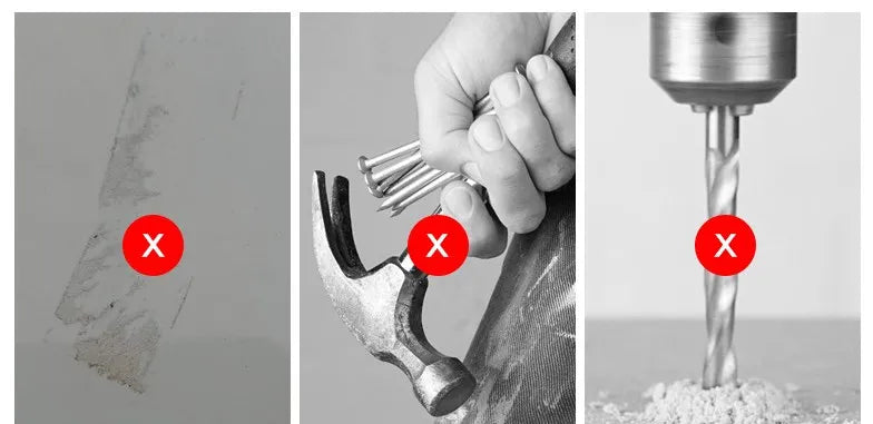 Three images showing incorrect methods with red 'X' marks: a damaged surface, a hand holding a tool incorrectly, and a drill bit. The background is gray.
