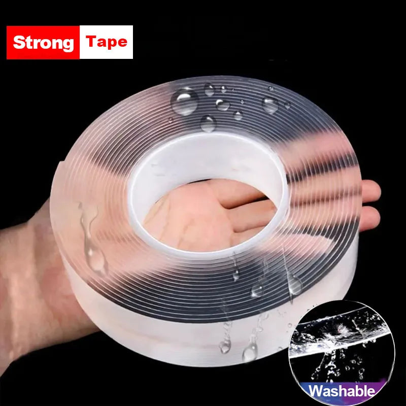 Roll of clear tape held by a hand with water droplets, labeled 'Strong Tape' and 'Washable'.