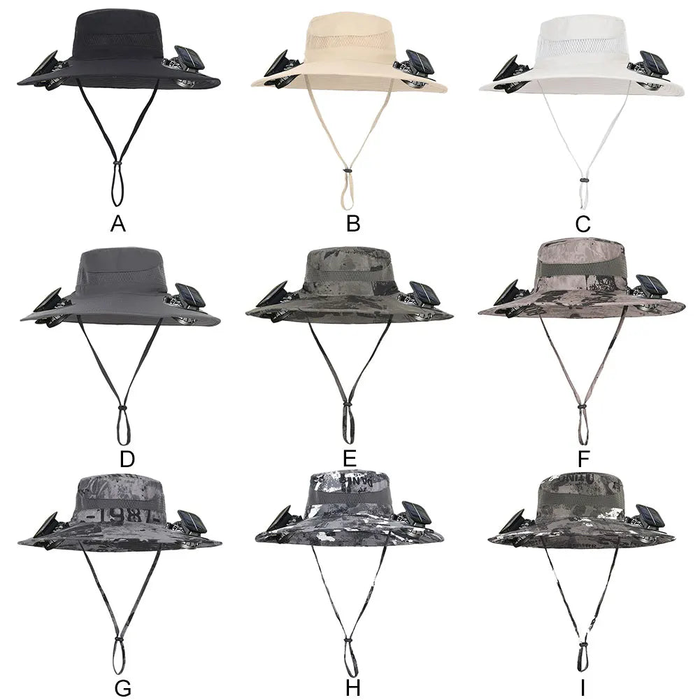 Set of nine wide-brimmed hats with camouflage patterns on a white background