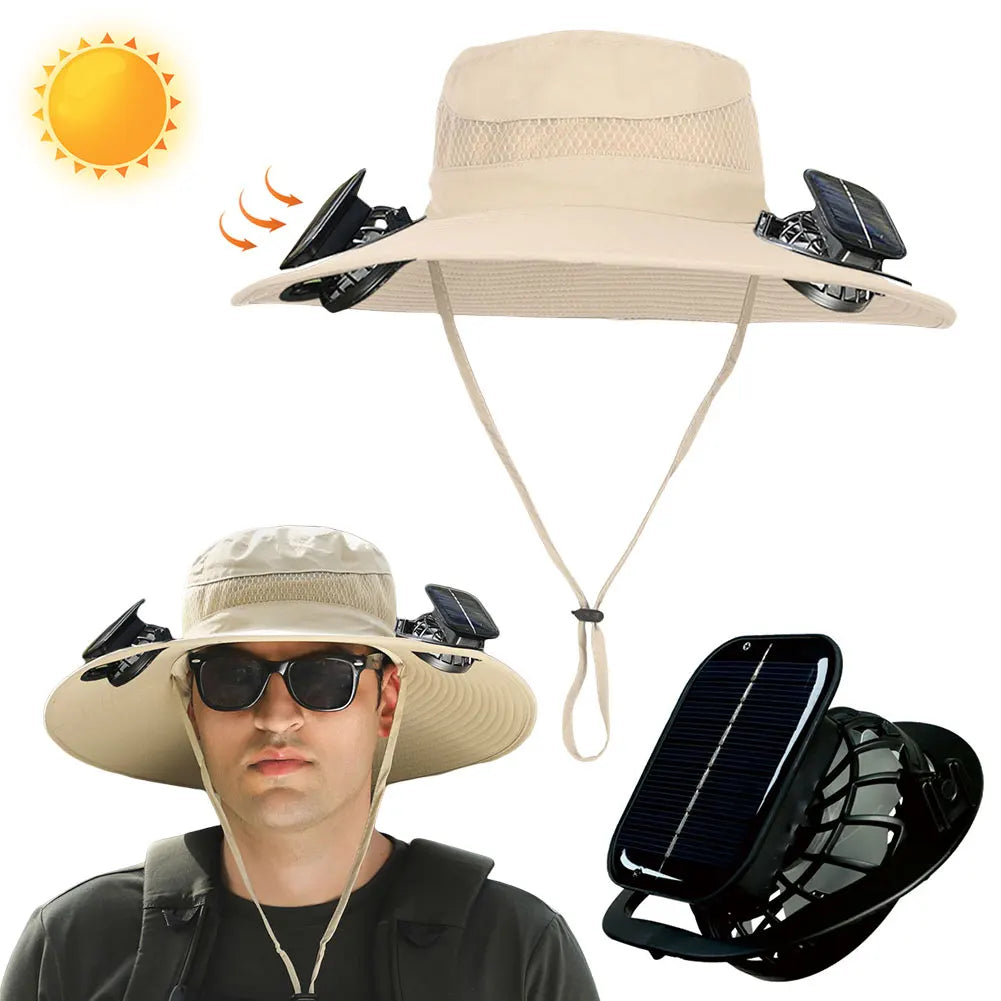 Beige sun hat with solar-powered fans attached, featuring a man wearing it and a close-up of the fans.