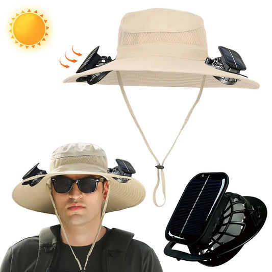 Beige sun hat with solar-powered fans attached, featuring a man wearing it and a close-up of the fans.