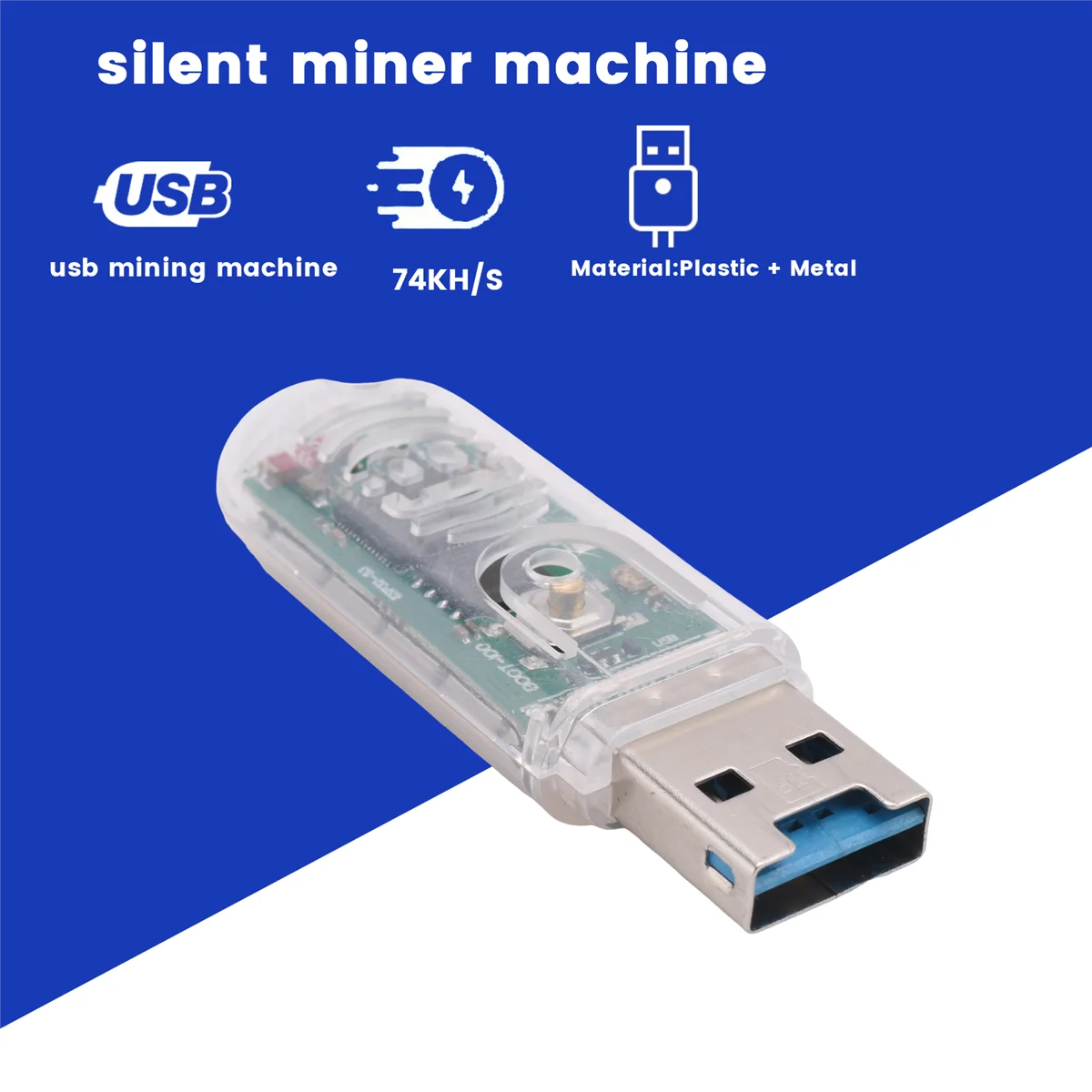 USB mining machine with clear casing on a blue and white background