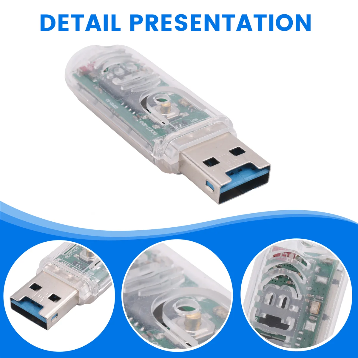USB flash drive with clear casing on a white background, featuring close-up insets.