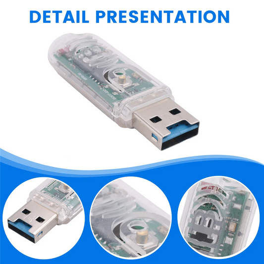USB flash drive with clear casing on a white background, featuring close-up insets.