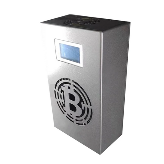 Metallic box with Bitcoin symbol on a white background