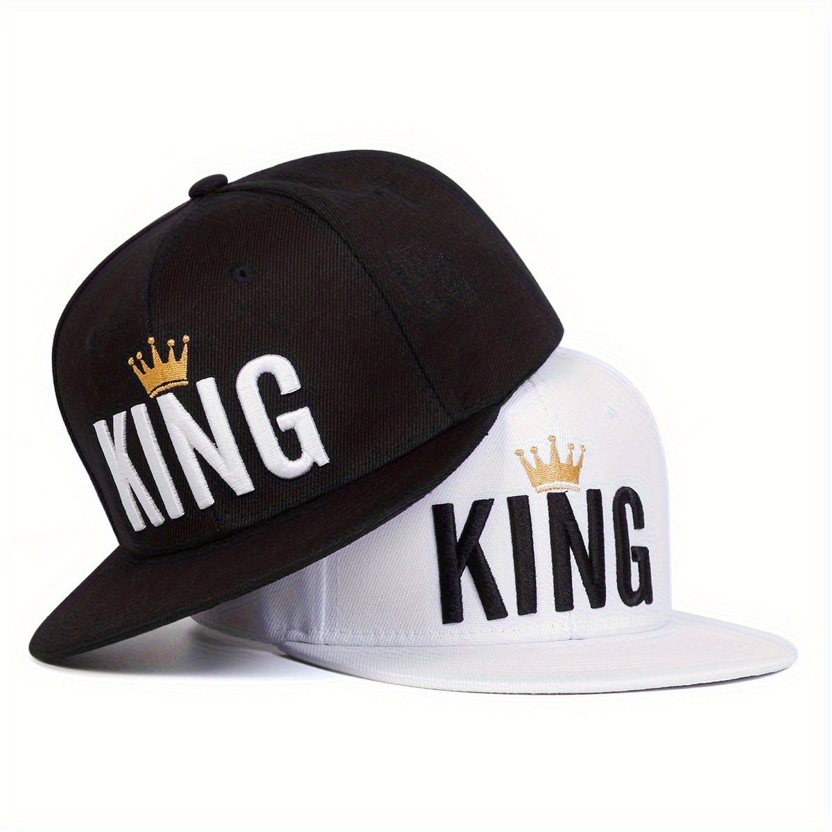Black and white caps with 'KING' text and crown design on a white background