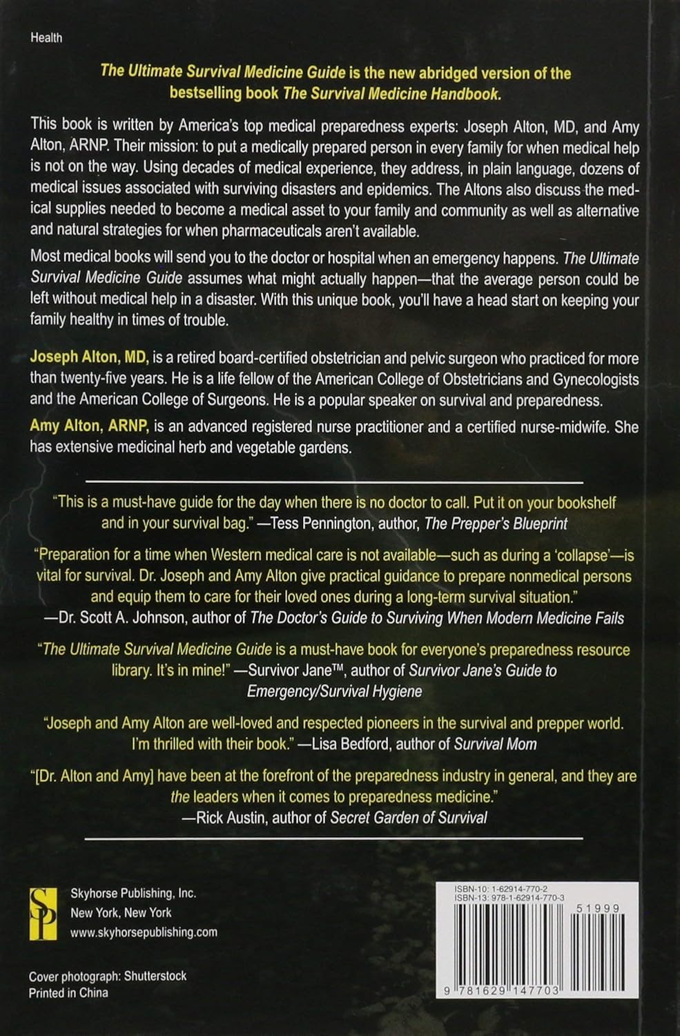 Back cover of 'The Ultimate Survival Medicine Guide' with text and publisher information.