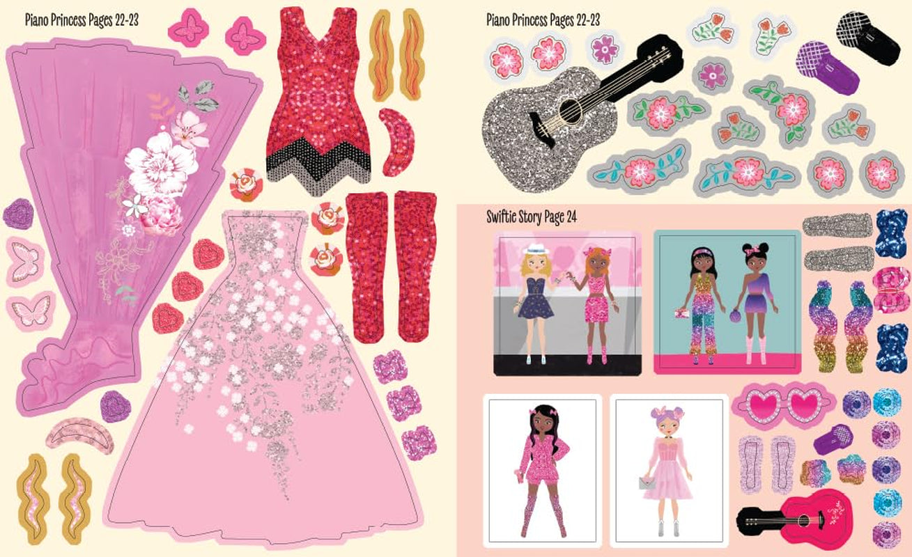 Page from book 'Swifties: My Taylor Swift Sticker Dress-Up | Fun & Creative Activity Book [ISBN: 9781464229893]' by Louise Anglicas, featuring cartoon images of Taylor Swift and Swifties.