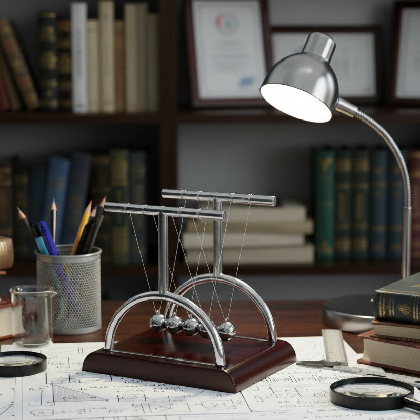 Newton's cradle on a desk with a lamp and books in the background