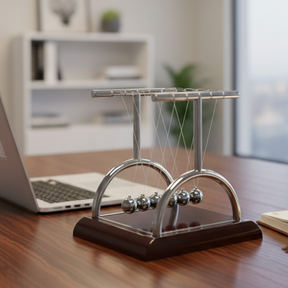 Newton's cradle on a desk with a laptop in the background