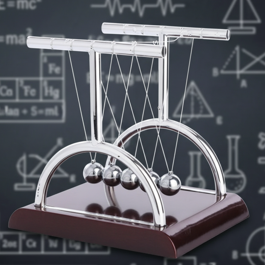 Newton's cradle on a dark background with scientific diagrams