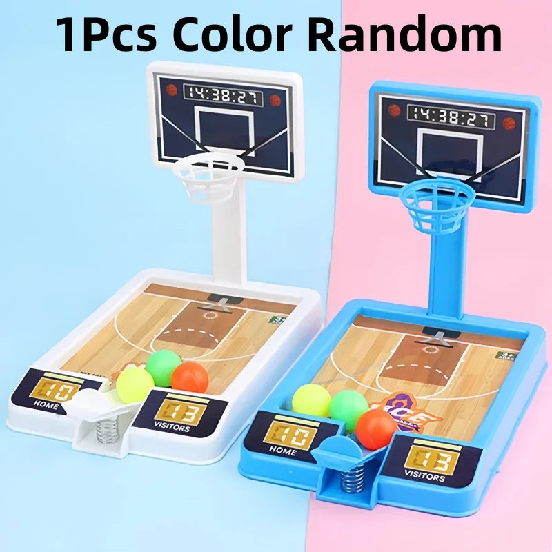 Two mini basketball hoops with digital displays on a pink and blue gradient background.