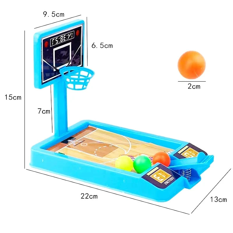 Mini basketball hoop set with dimensions and a ball on a white background