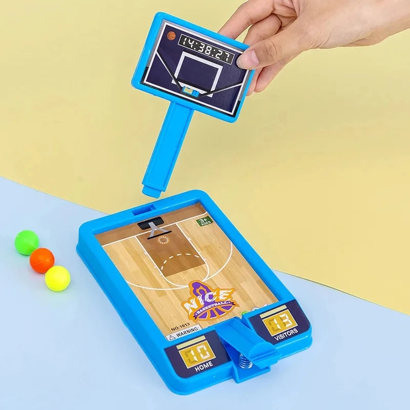 Handheld basketball game console with digital display on a colorful background