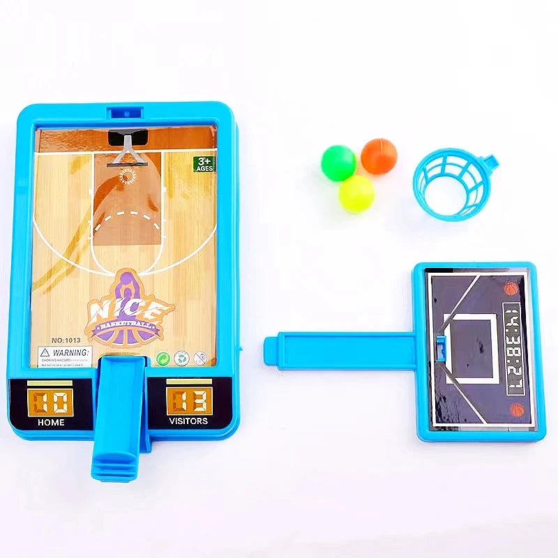Toy basketball hoop set with digital display and colorful balls on a white background