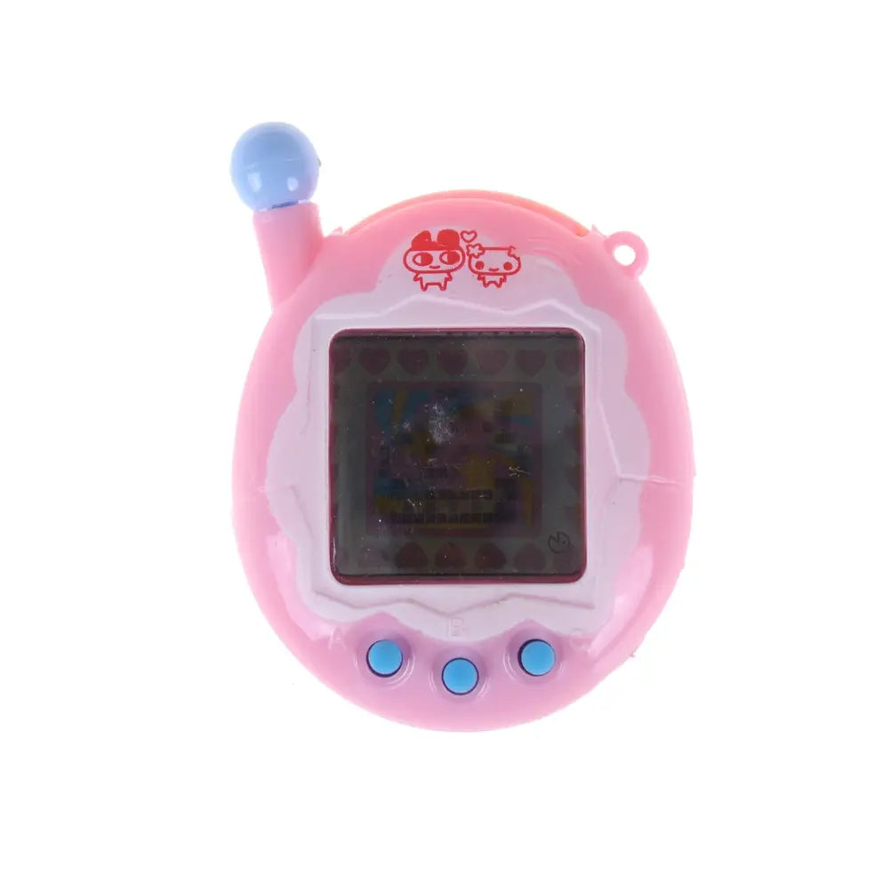 Pink toy digital pet with a screen and buttons on a white background