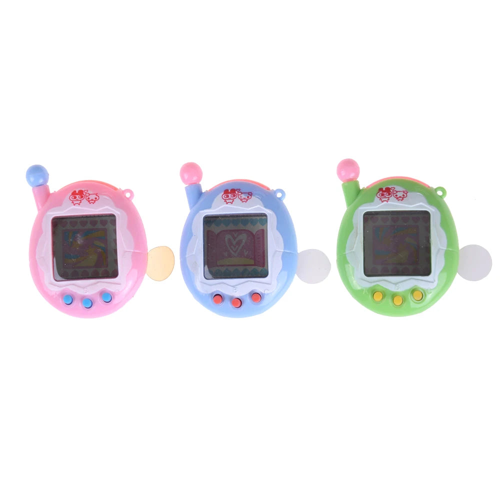 Three colorful electronic toys with digital screens on a white background