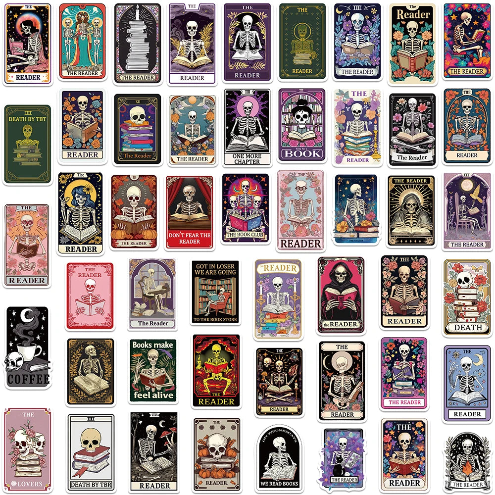 Collection of tarot cards with skeleton and book designs.