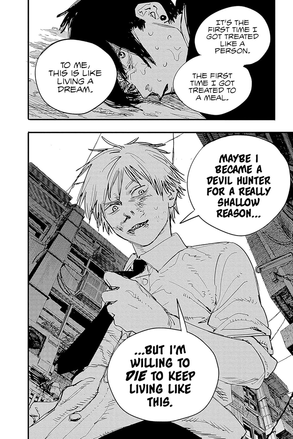 Manga panel with character speaking about living like a dream and becoming a devil hunter.