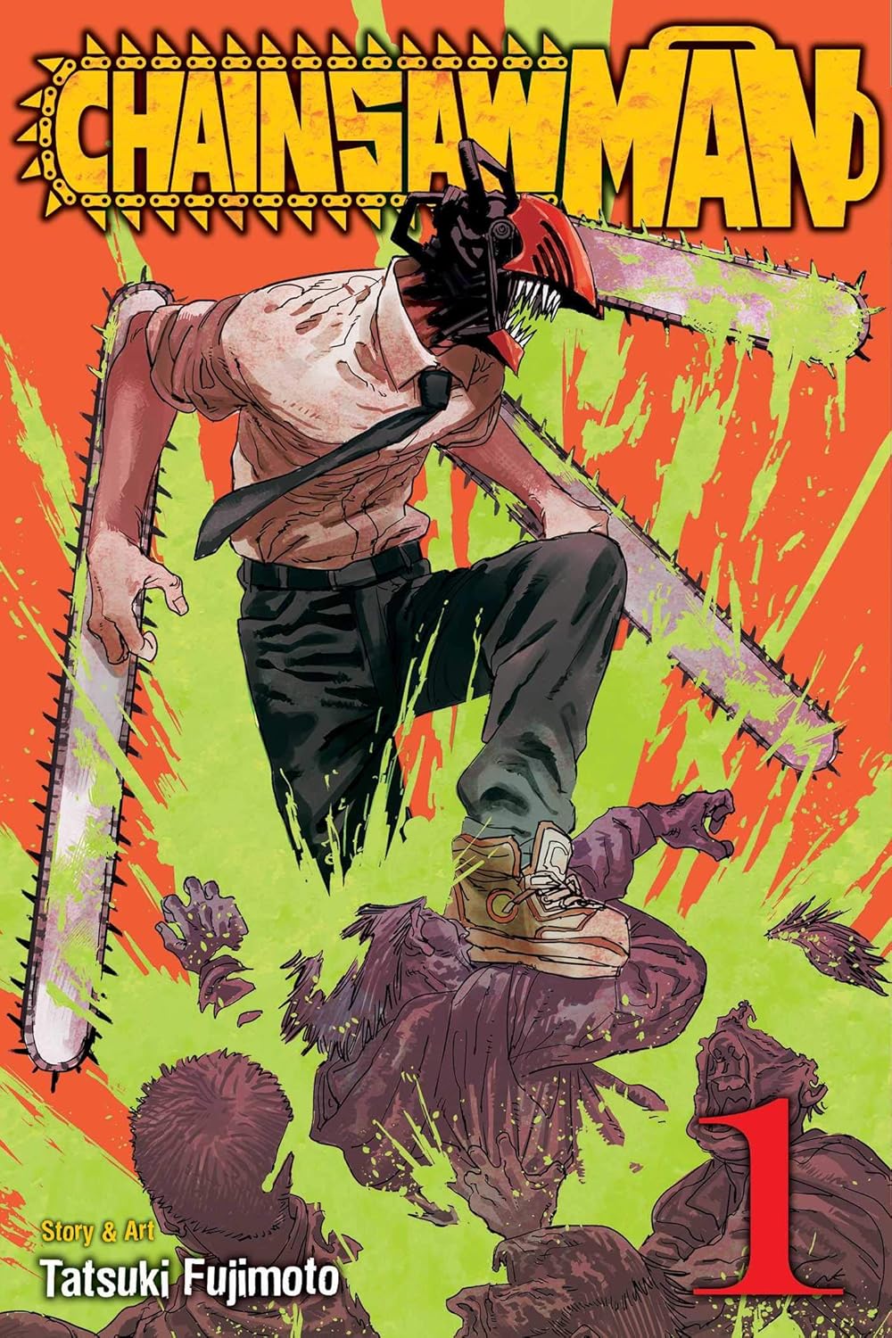 Comic book cover of 'Chainsaw Man' with a character holding a chainsaw against a green and orange background.