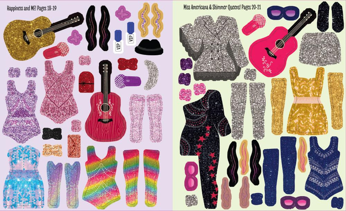 Page from book 'Swifties: My Taylor Swift Sticker Dress-Up | Fun & Creative Activity Book [ISBN: 9781464229893]' by Louise Anglicas, featuring cartoon images of Taylor Swift and Swifties.