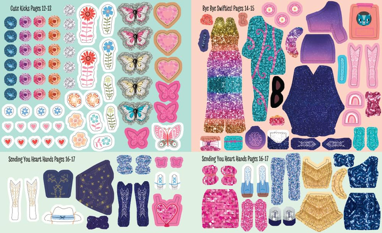 Page from book 'Swifties: My Taylor Swift Sticker Dress-Up | Fun & Creative Activity Book [ISBN: 9781464229893]' by Louise Anglicas, featuring cartoon images of Taylor Swift and Swifties.