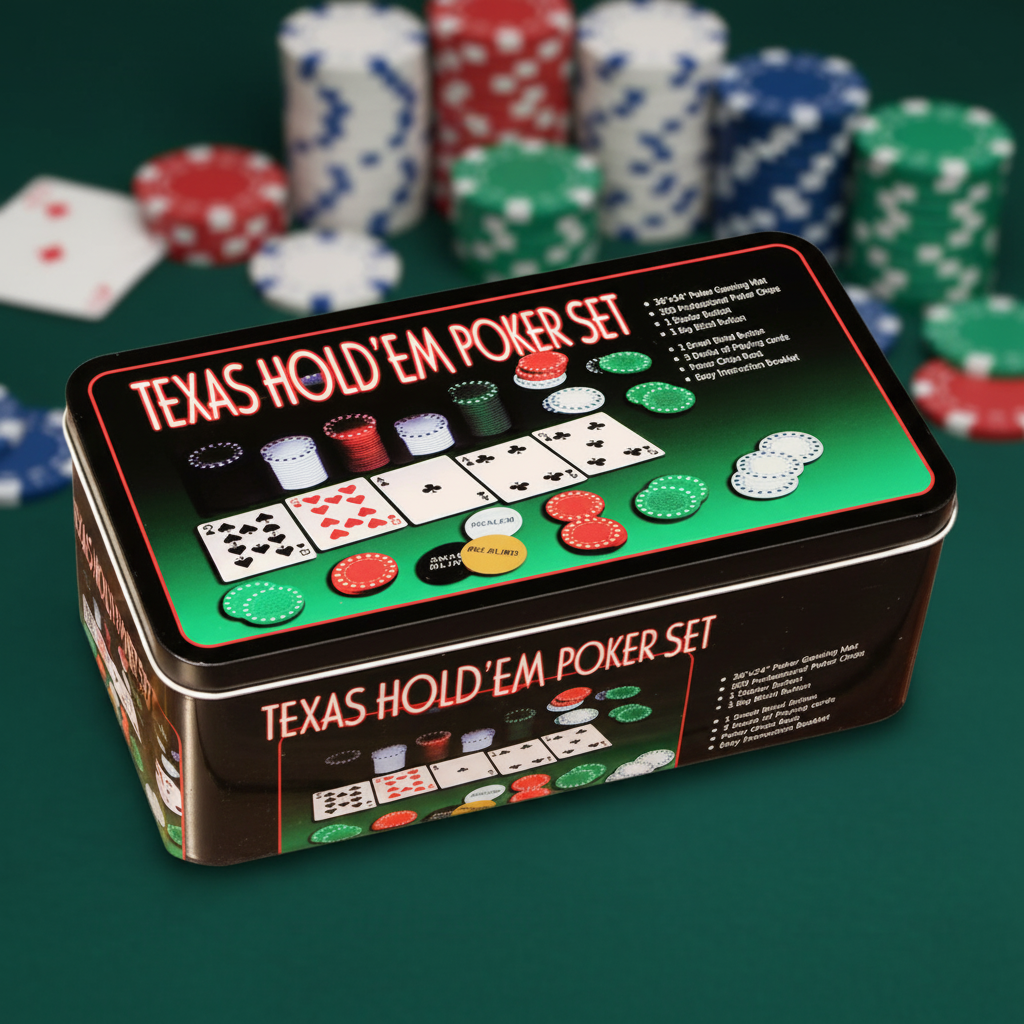 Texas Hold'em poker set packaging with poker chips and cards in the background