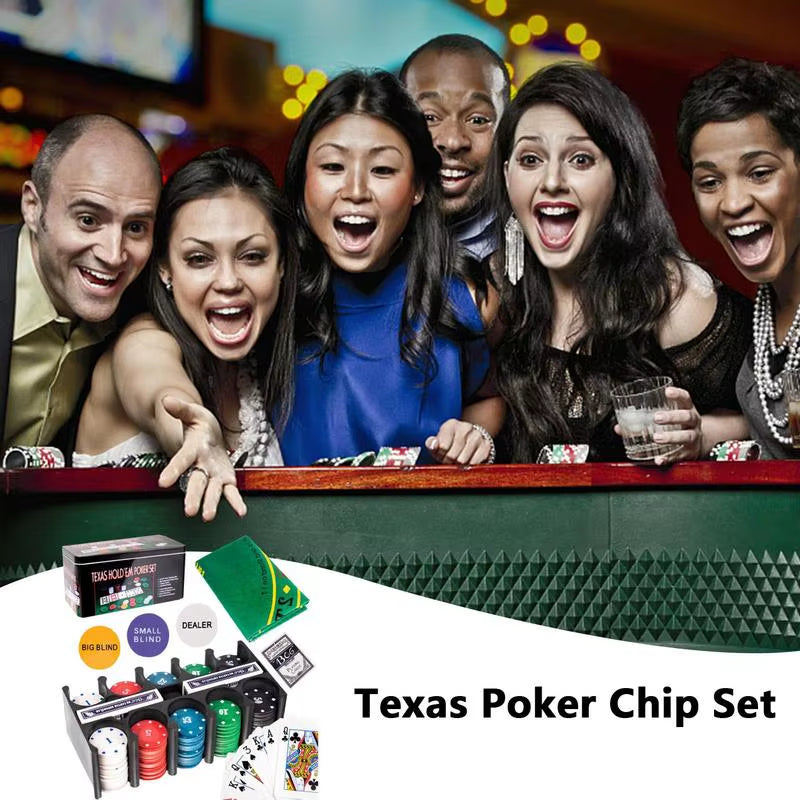 Image of people standing together in casino showing utter excitement and focused on one woman throwing something on the table. Lower half of the image reveals that in place of whatever she is throwing is a visual of the complete poker set next to it's container tin and "Texas Poker Chip Set" text overlay