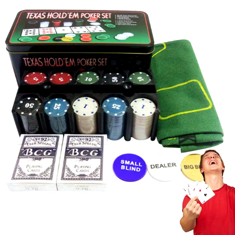 Complete Texas Hold Em ser displayed outside of tin container showing all products included and image of man in corner holding up a good poker hand and celebrating.