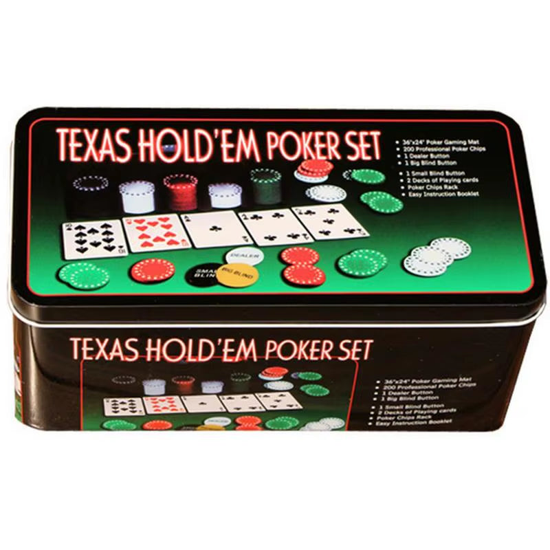 A poker set in a tin box, with the lid showing various poker chips and playing cards, and the text 'Texas Hold'em Poker Set' displayed.