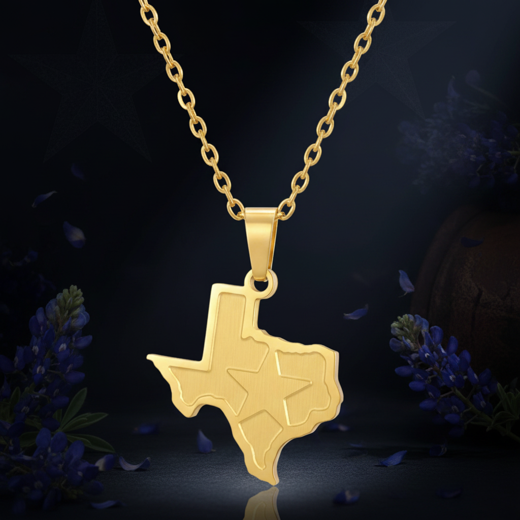 A gold pendant necklace shaped like the state of Texas, featuring an engraved star, hanging from a gold chain against a dark background with bluebonnet flowers.