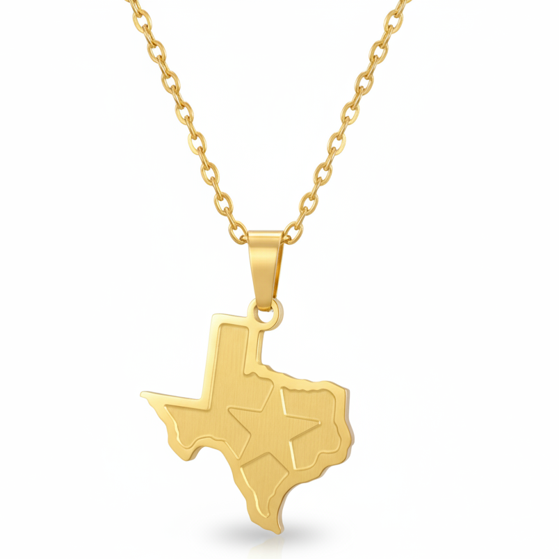 A gold necklace featuring a pendant shaped like the state of Texas with a star engraved in the center, displayed on a clean white background.