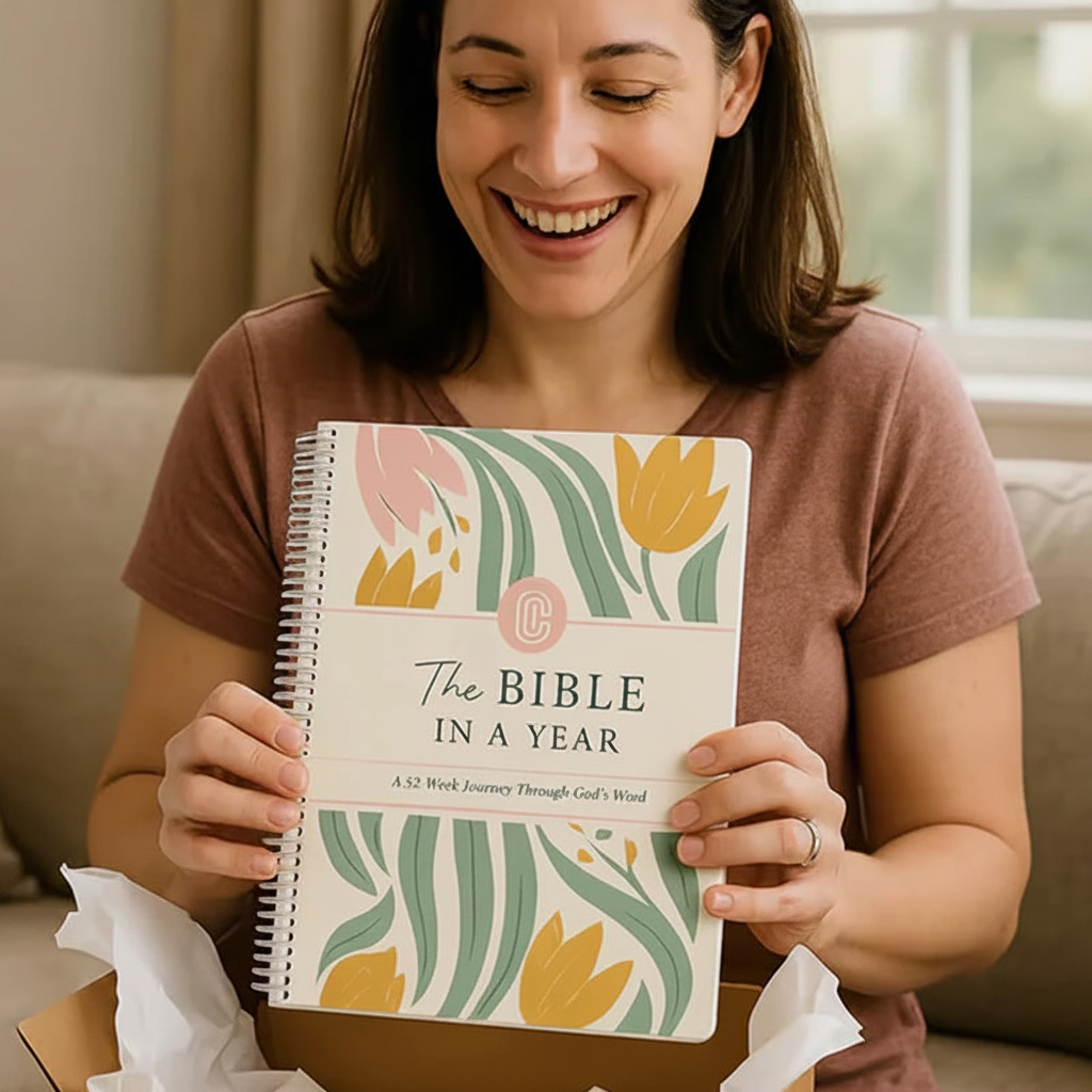 Woman holding a book titled 'The Bible in a Year' with floral design on cover