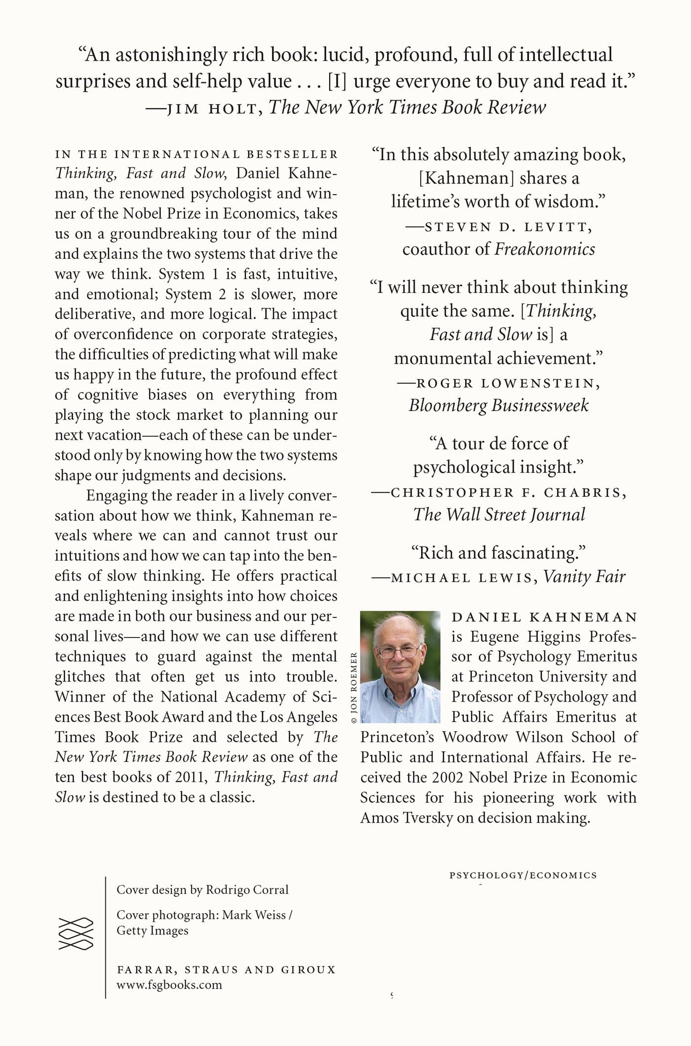 Back book cover of the book 'Thinking, Fast and Slow: Nobel Prize Winner Economics' by Daniel Kahneman, featuring synopsis, author bio, author portrait, barcode, ISBN, publisher imprint and other book data.