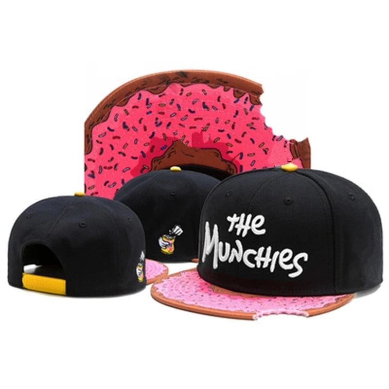 The Munchies snapback hat with pink sprinkle donut brim and black crown