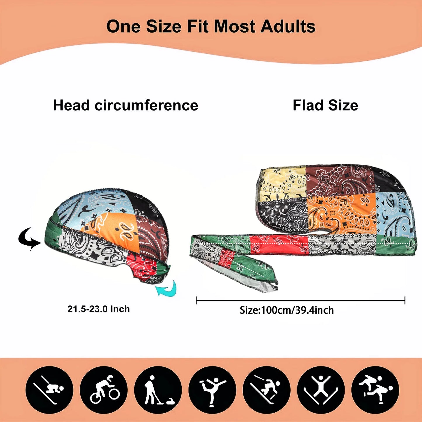 Measurement chart for durag showing head circumference and flat size with colorful designs.