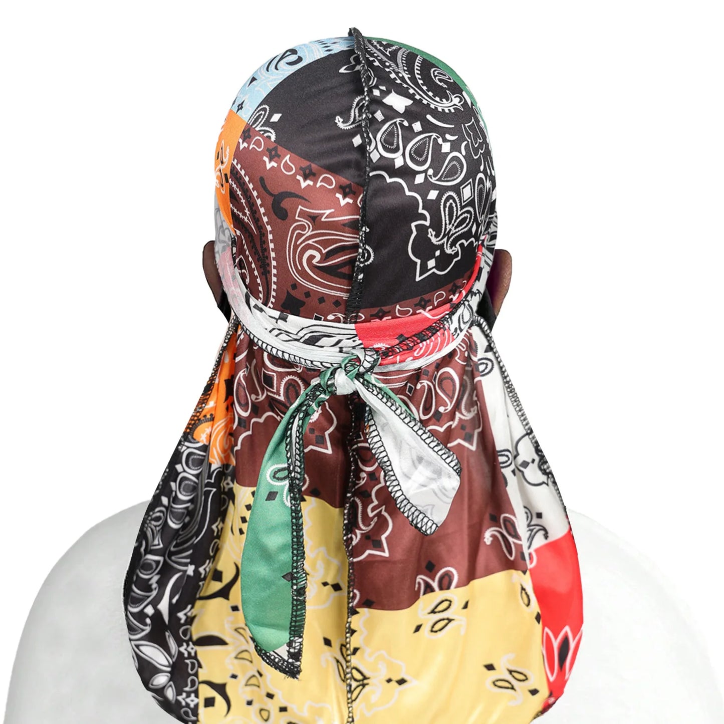 Colorful bandana headwrap durag with various patterns on a white background