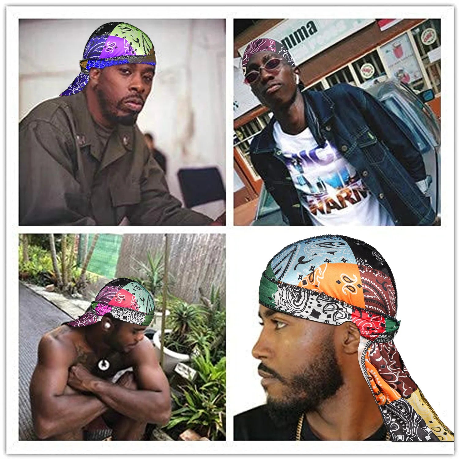 Four images of a man wearing colorful bandana durags in various settings.